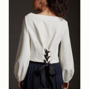 Anthropologie Maeve Ponte White Balloon Sleeve Lace back Pullover Top NEW